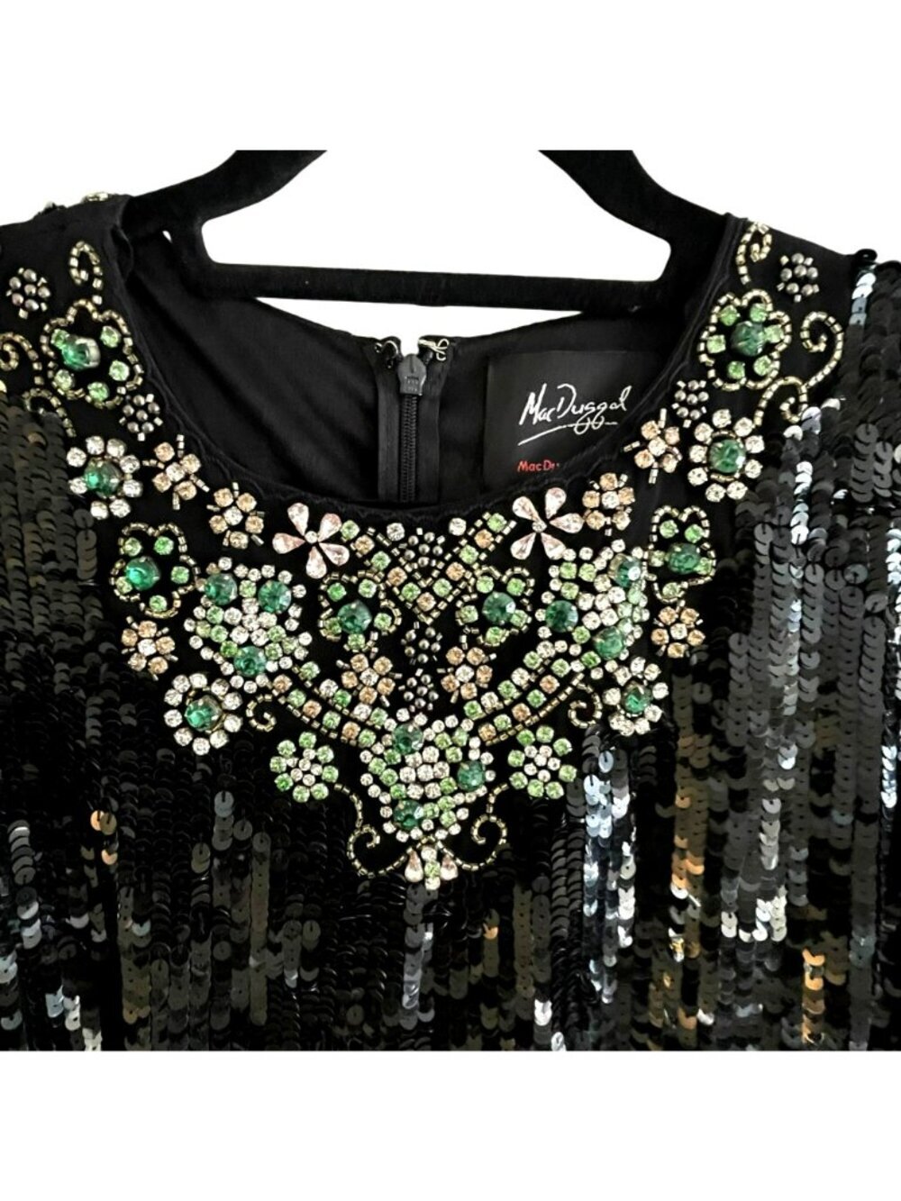 Mac Duggal Size 10 Emerald Rhinestone Necklace Black Sequin LS Maxi Gown Dress N - Picture 7 of 13